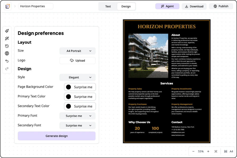Turn your content into a complete design, fast